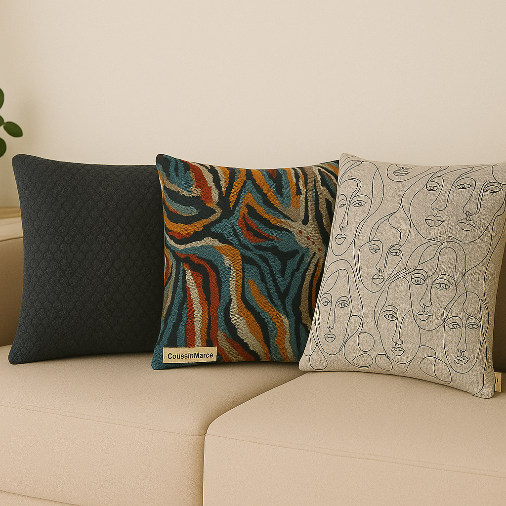 Trio Fusion – Coussins Texturés & Art Visage Contemporain