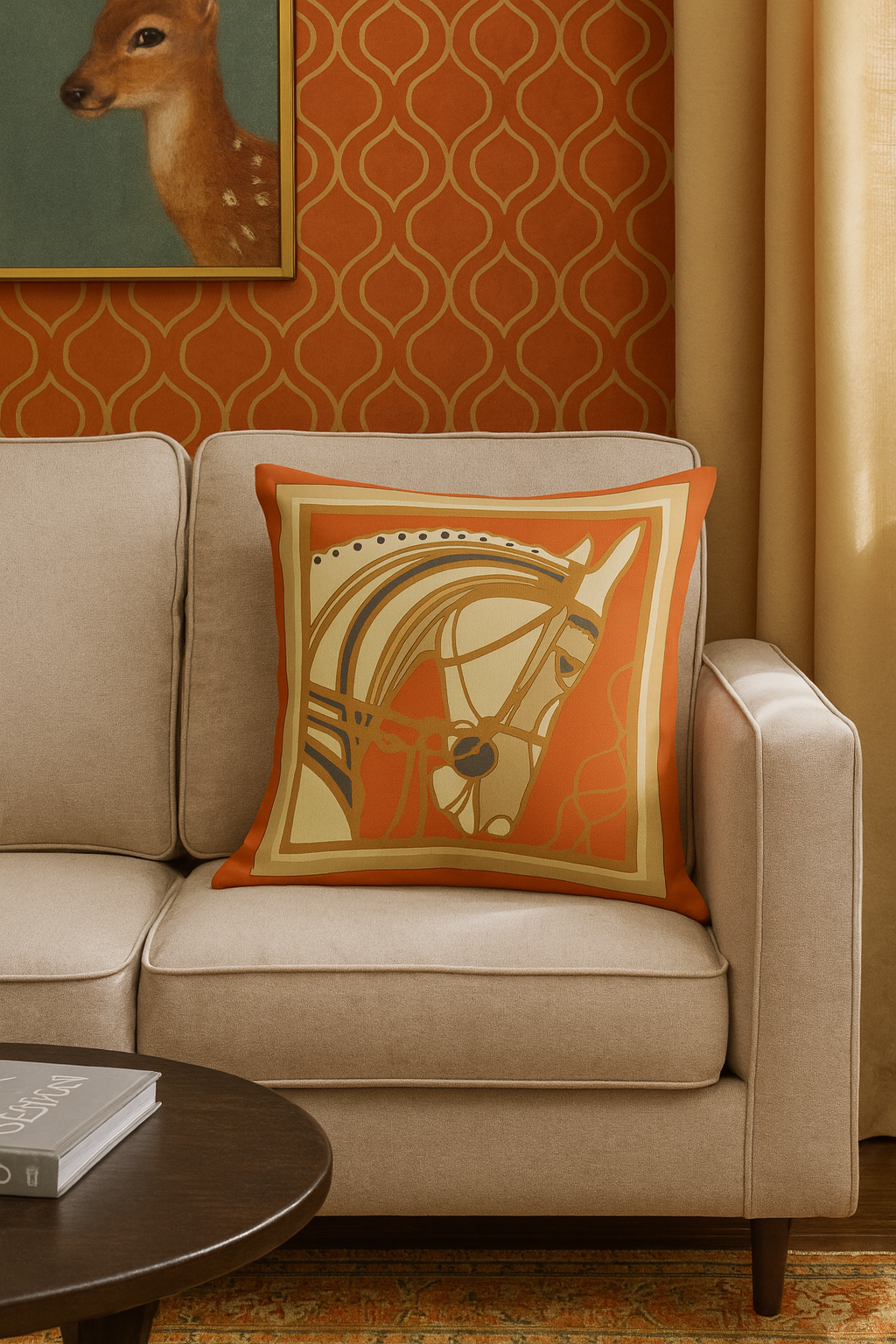 Coussin Équestre Élégance – Velours Orange & Doré 48x48 | Coussin Maroc
