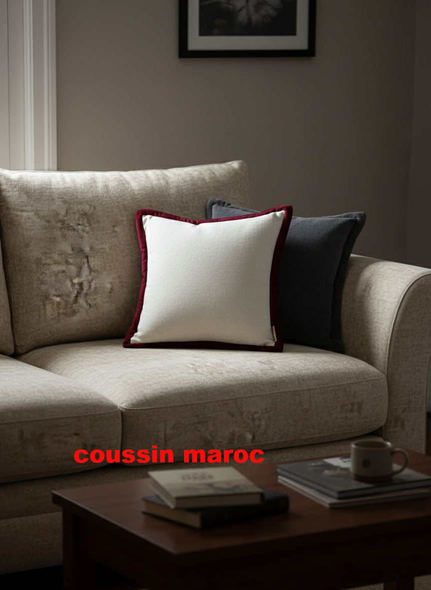 Coussin Décoratif Blanc Texturé & Velours Bordeaux | Élégance Classique