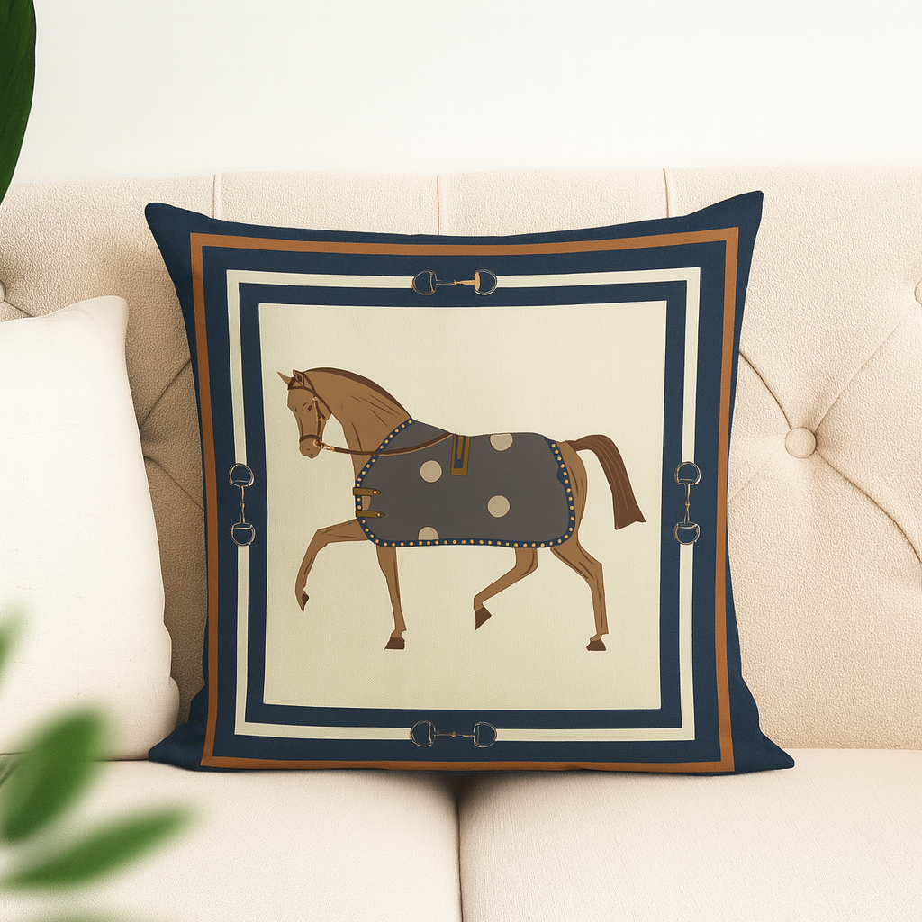 Coussin Équestre Prestige – Design Cheval en Marche, 48x48 cm