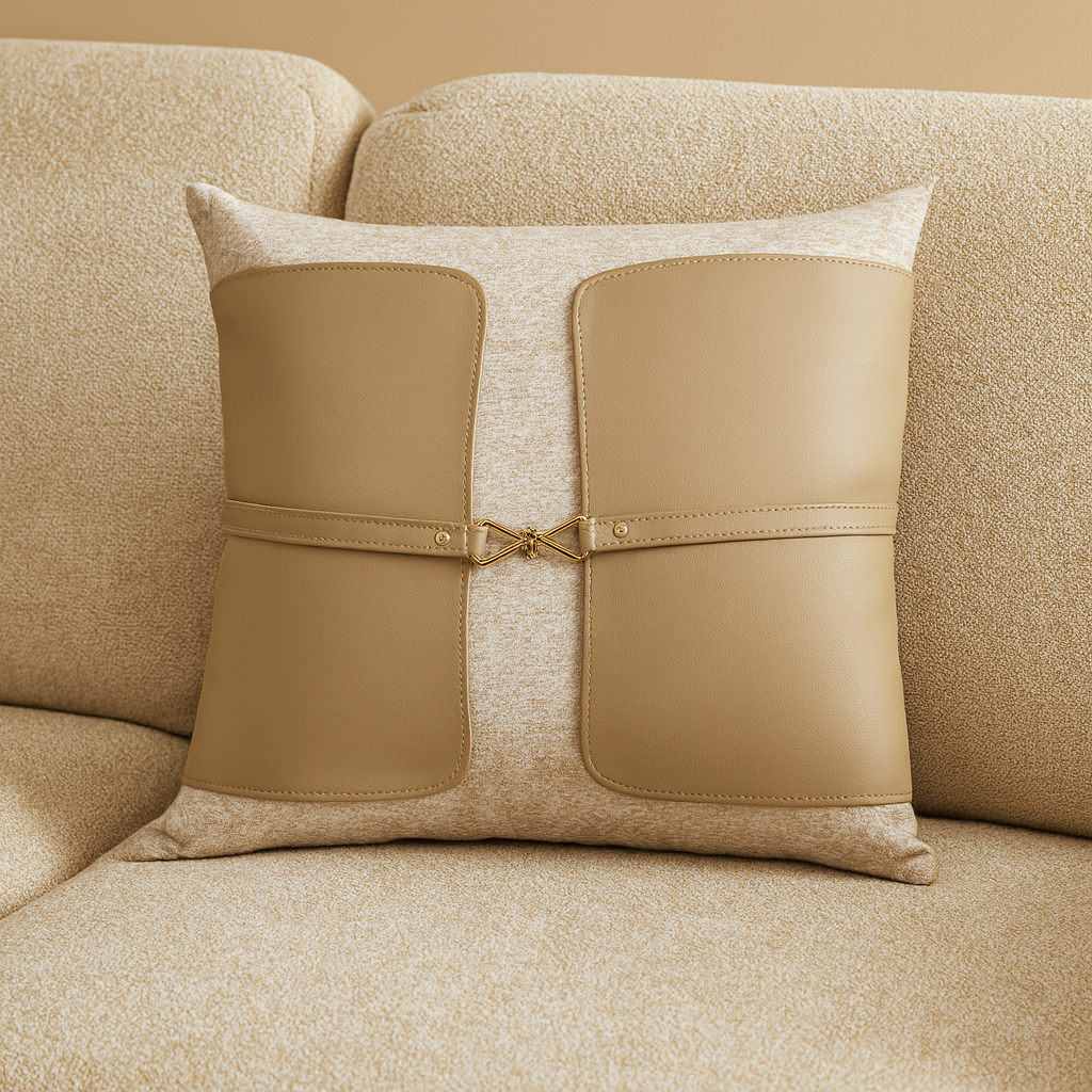 Coussin Beige Prestige – Détail Ceinture Dorée Coussin Maroc