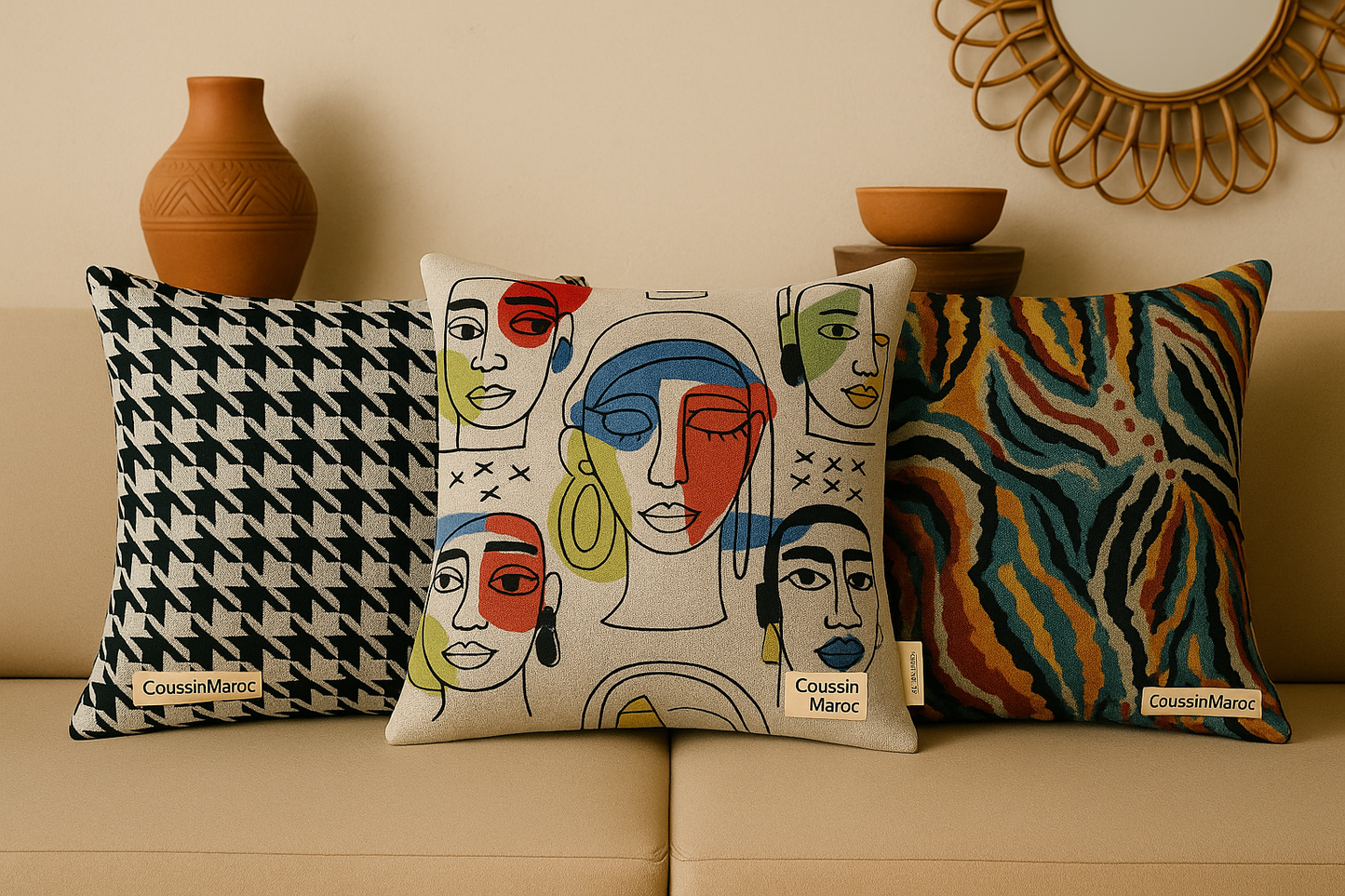Trio Vibrant – Coussins Pied-de-Poule, Art Visage & Motif Sauvage