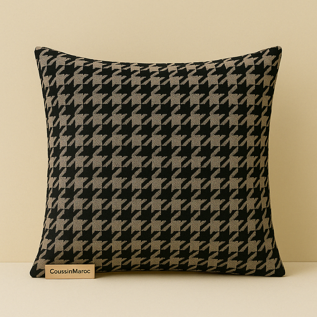 Coussin Pied-de-Poule Beige & Noir – Raffinement Signé CoussinMaroc