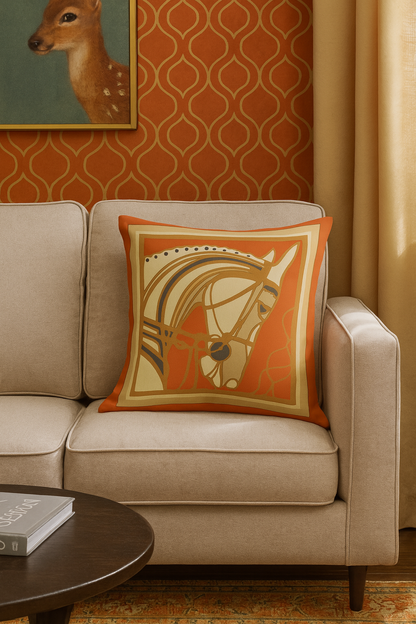 Coussin Équestre Élégance – Velours Orange & Doré 48x48 | Coussin Maroc