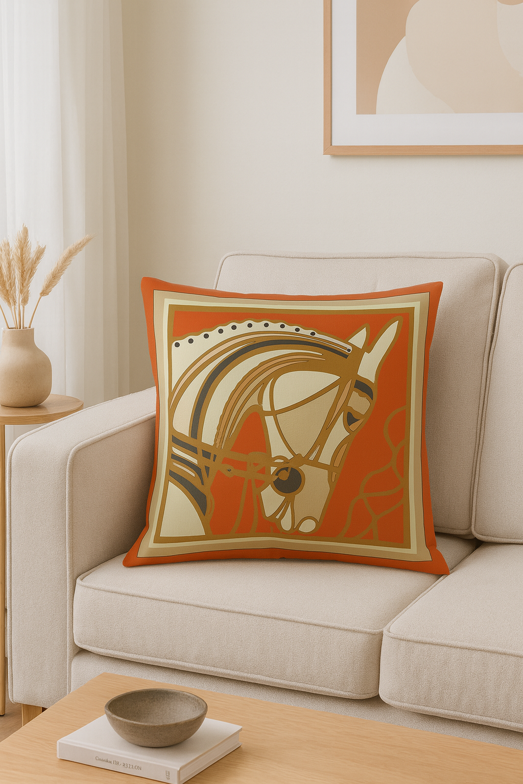 Coussin Équestre Élégance – Velours Orange & Doré 48x48 | Coussin Maroc
