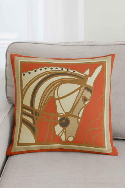 Coussin Équestre Élégance – Velours Orange & Doré 48x48 | Coussin Maroc