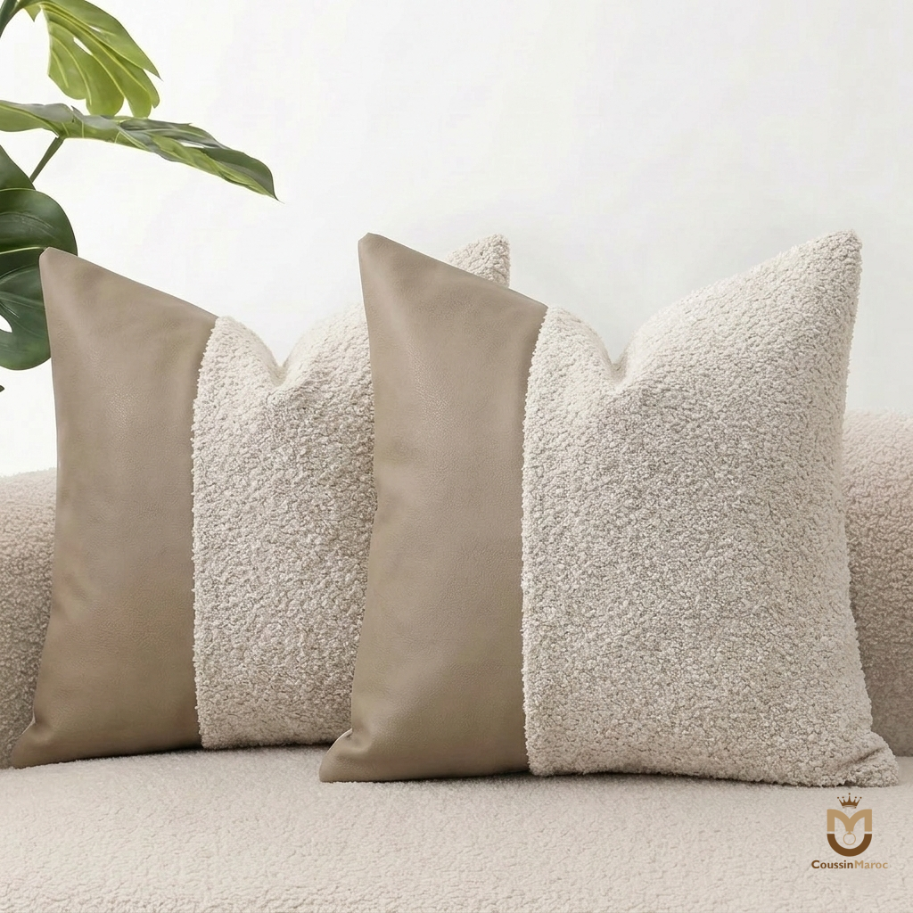 Coussin Bi-Matière Vertical "Zen" – Similicuir Taupe & Bouclette Crème