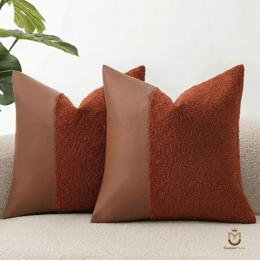 Coussin Bi-Matière "Luxe " – Similicuir Brun & Bouclette Terracotta