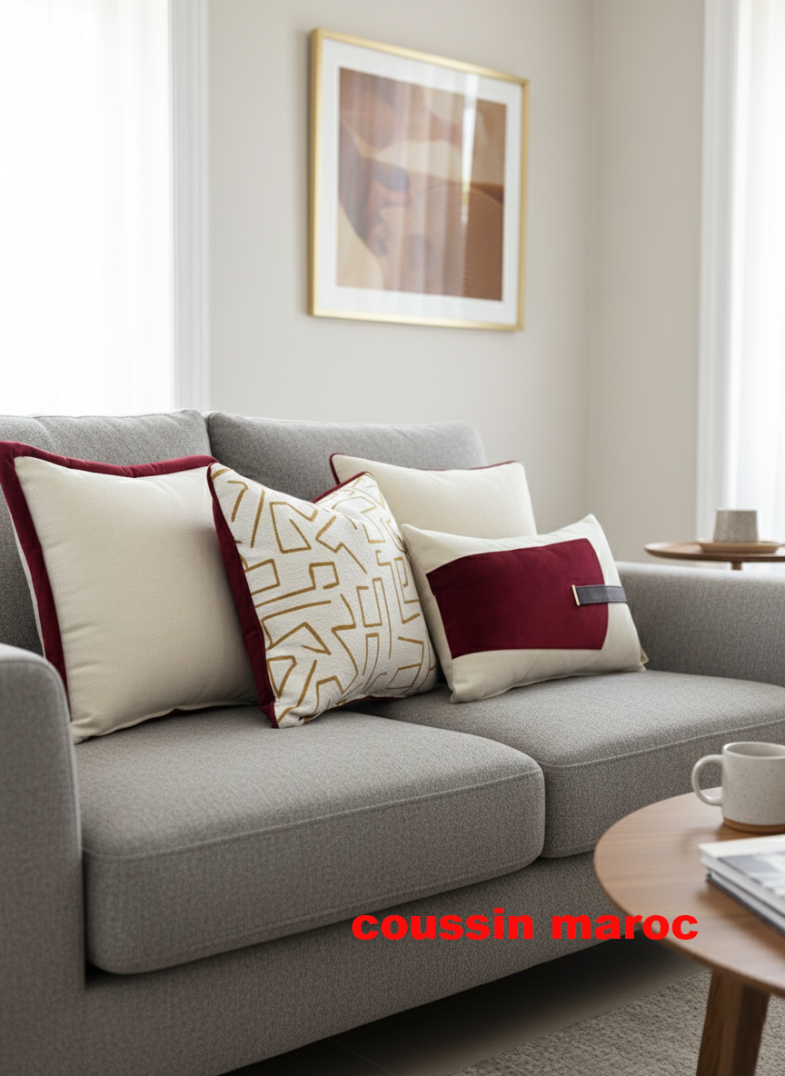 Coussin Décoratif Marocain Moderne – Velours Bordeaux & Motif Berbère