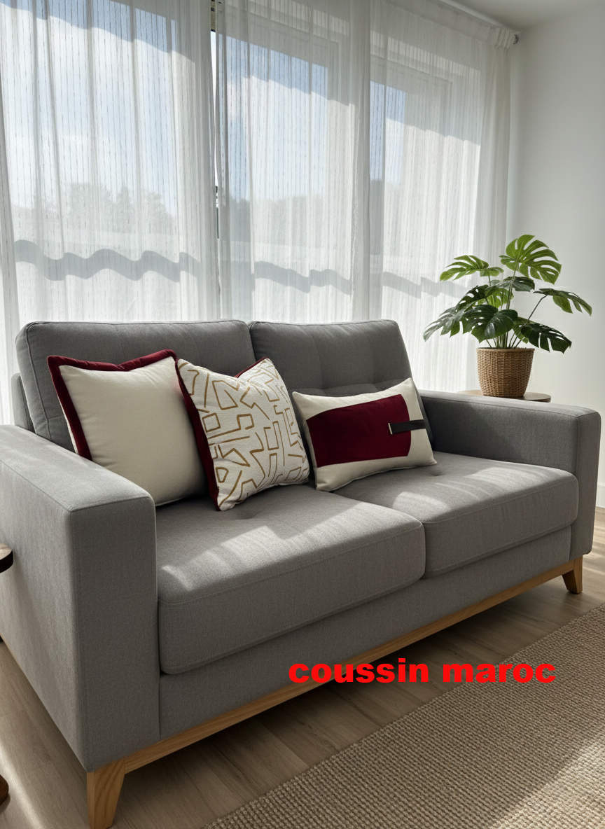 Coussin Décoratif Marocain Moderne – Velours Bordeaux & Motif Berbère