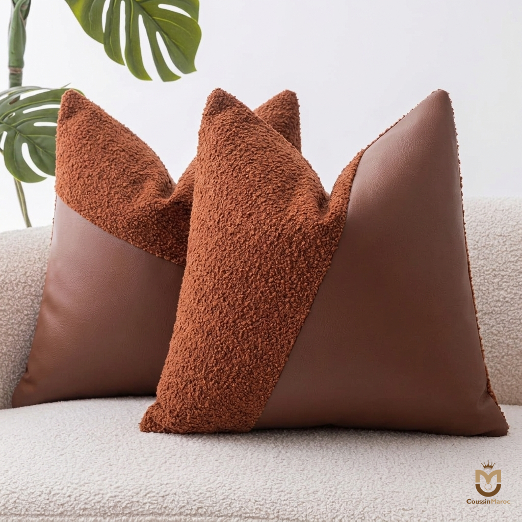 Coussin Design Diagonal Bi-Matière Bouclée Terracotta & Cuir Chocolat