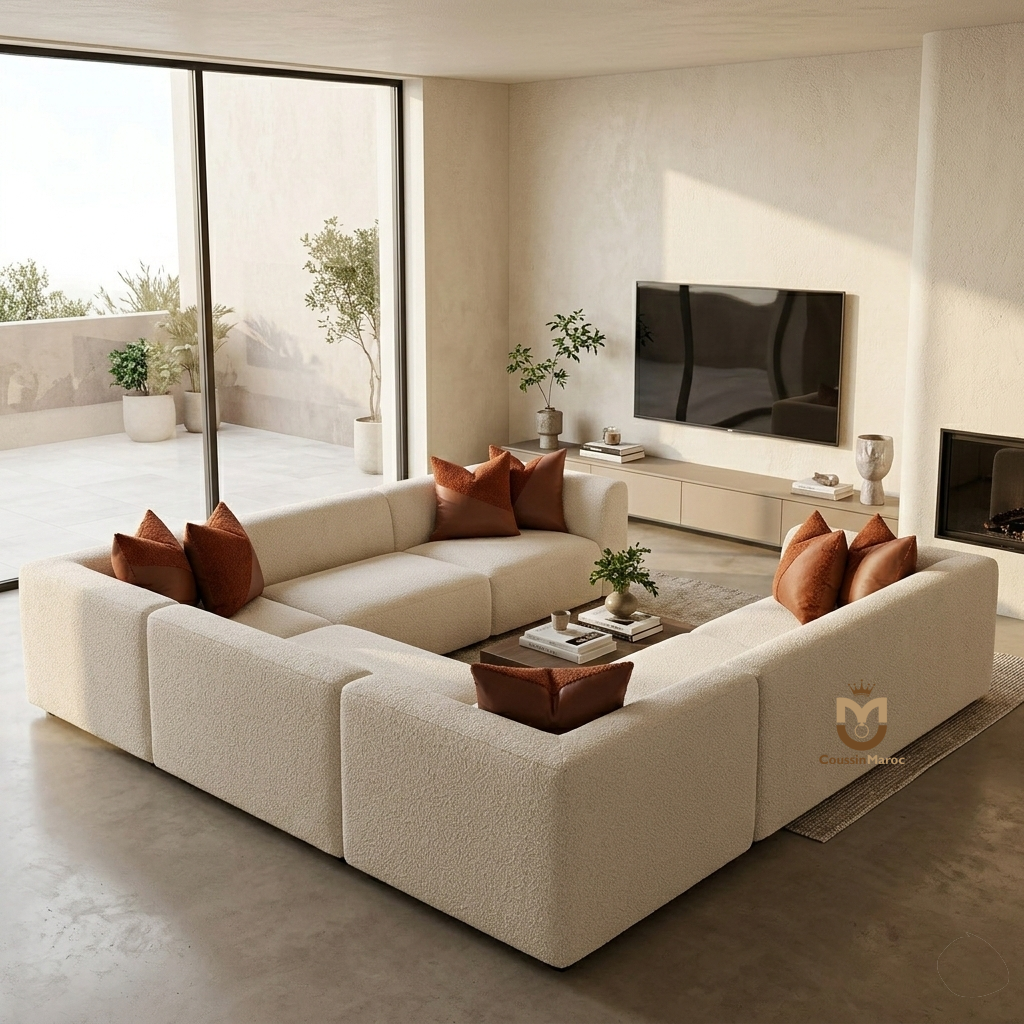 Coussin Design Diagonal Bi-Matière Bouclée Terracotta & Cuir Chocolat