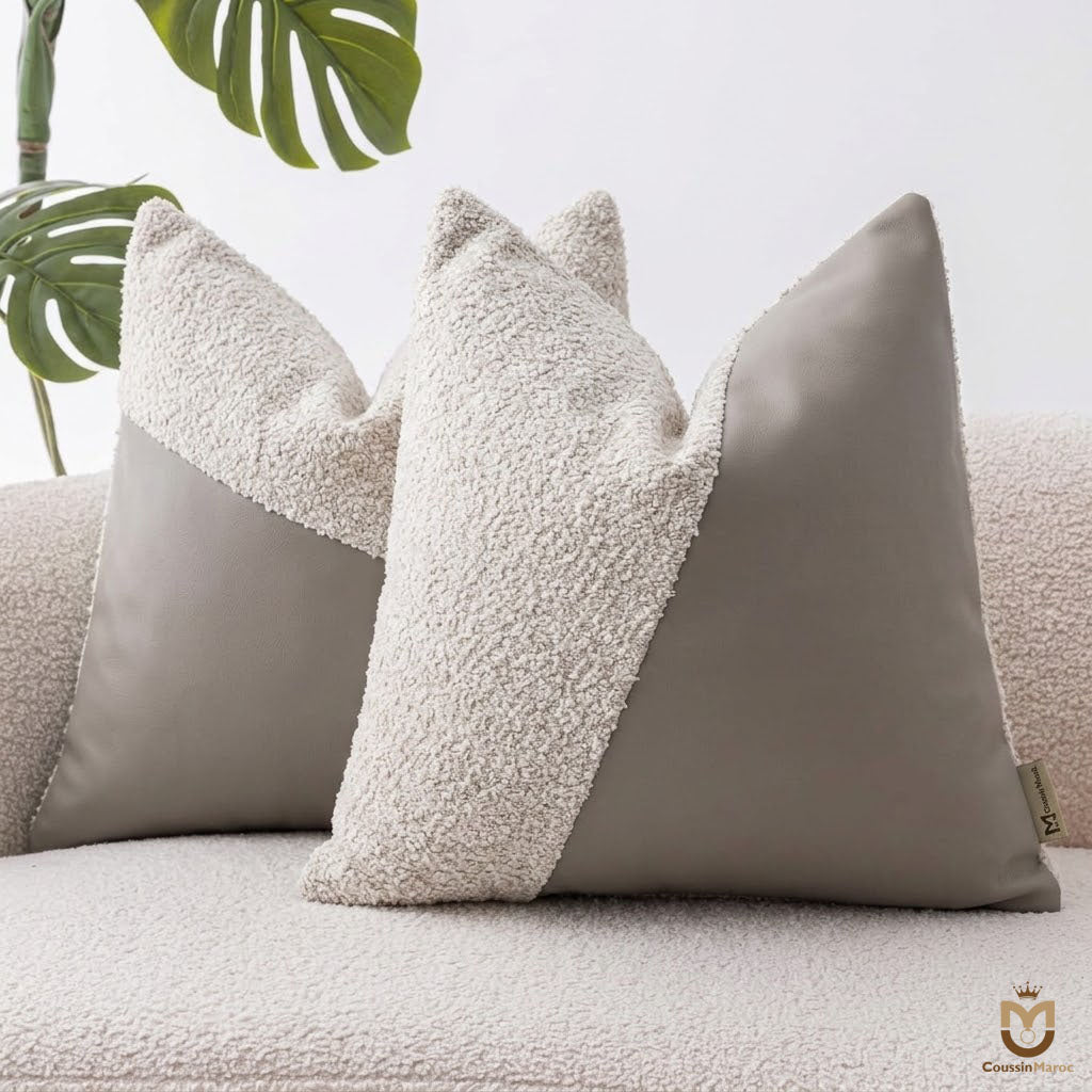 Coussin Diagonal Design Bouclée Crème & Cuir – Élégance Minimaliste
