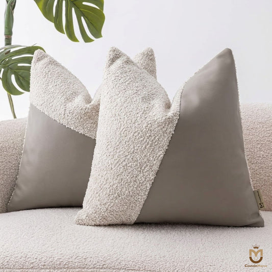 Coussin Diagonal Design Bouclée Crème & Cuir – Élégance Minimaliste