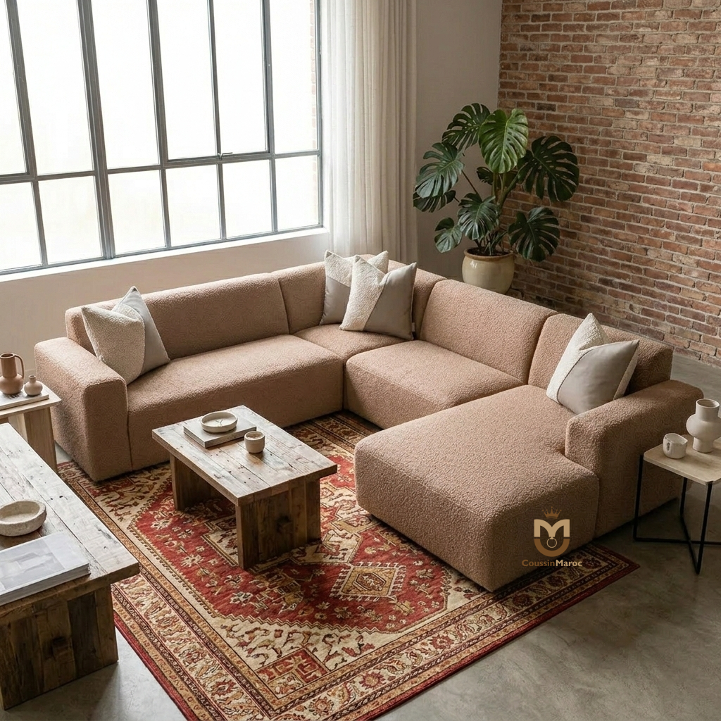 Coussin Diagonal Design Bouclée Crème & Cuir – Élégance Minimaliste