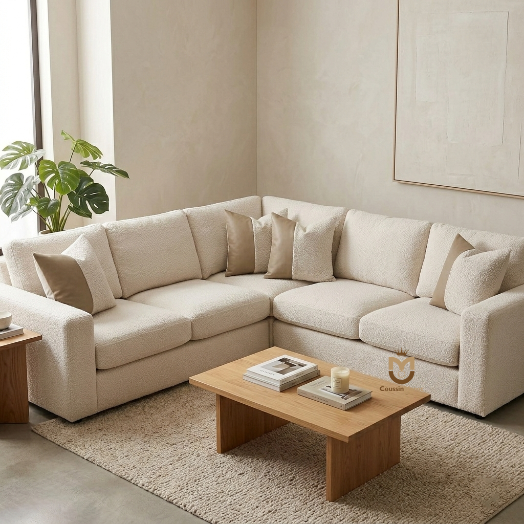 Coussin Diagonal Design Bouclée Crème & Cuir – Élégance Minimaliste