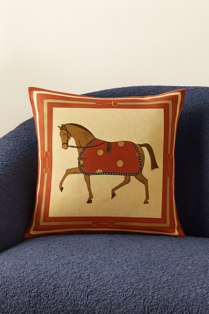Coussin Équestre Royal – Design Cheval Classique Orange & Doré | Coussin Maroc
