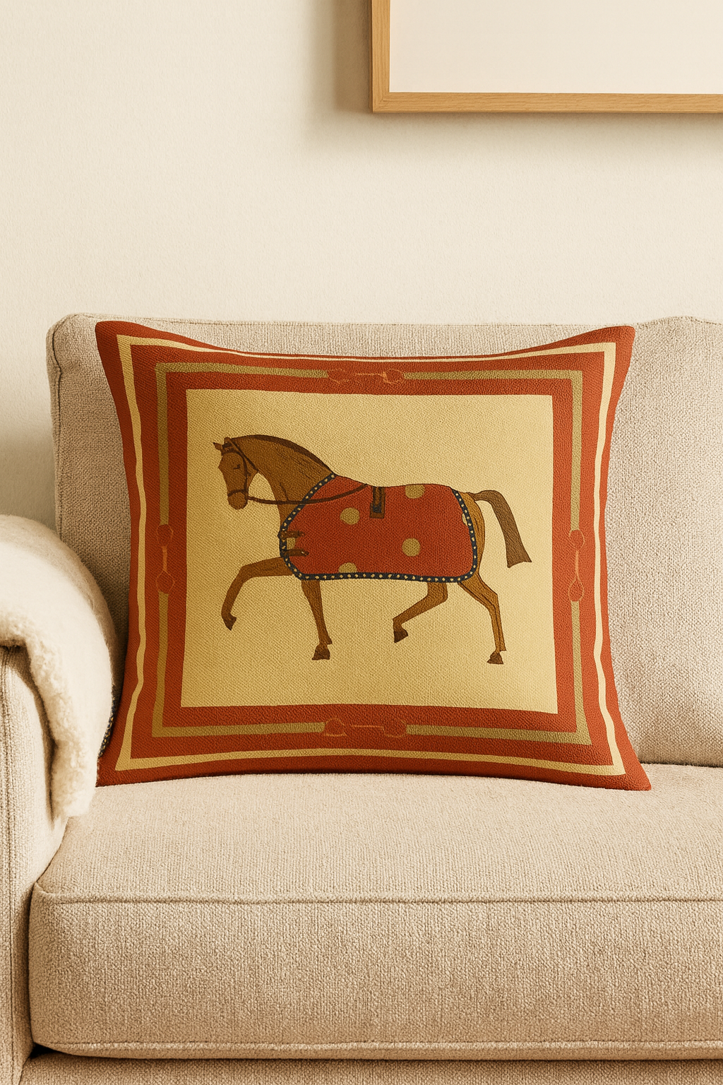 Coussin Équestre Royal – Design Cheval Classique Orange & Doré | Coussin Maroc