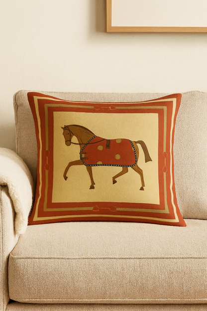 Coussin Équestre Royal – Design Cheval Classique Orange & Doré | Coussin Maroc
