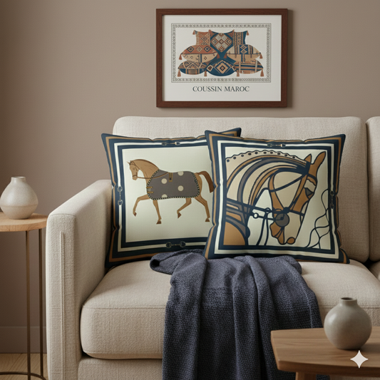 Duo de Coussins Décoratifs Équestres – Style Art & Luxe bleu