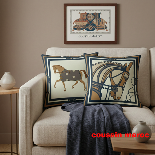 Duo de Coussins Décoratifs Équestres – Style Art & Luxe bleu