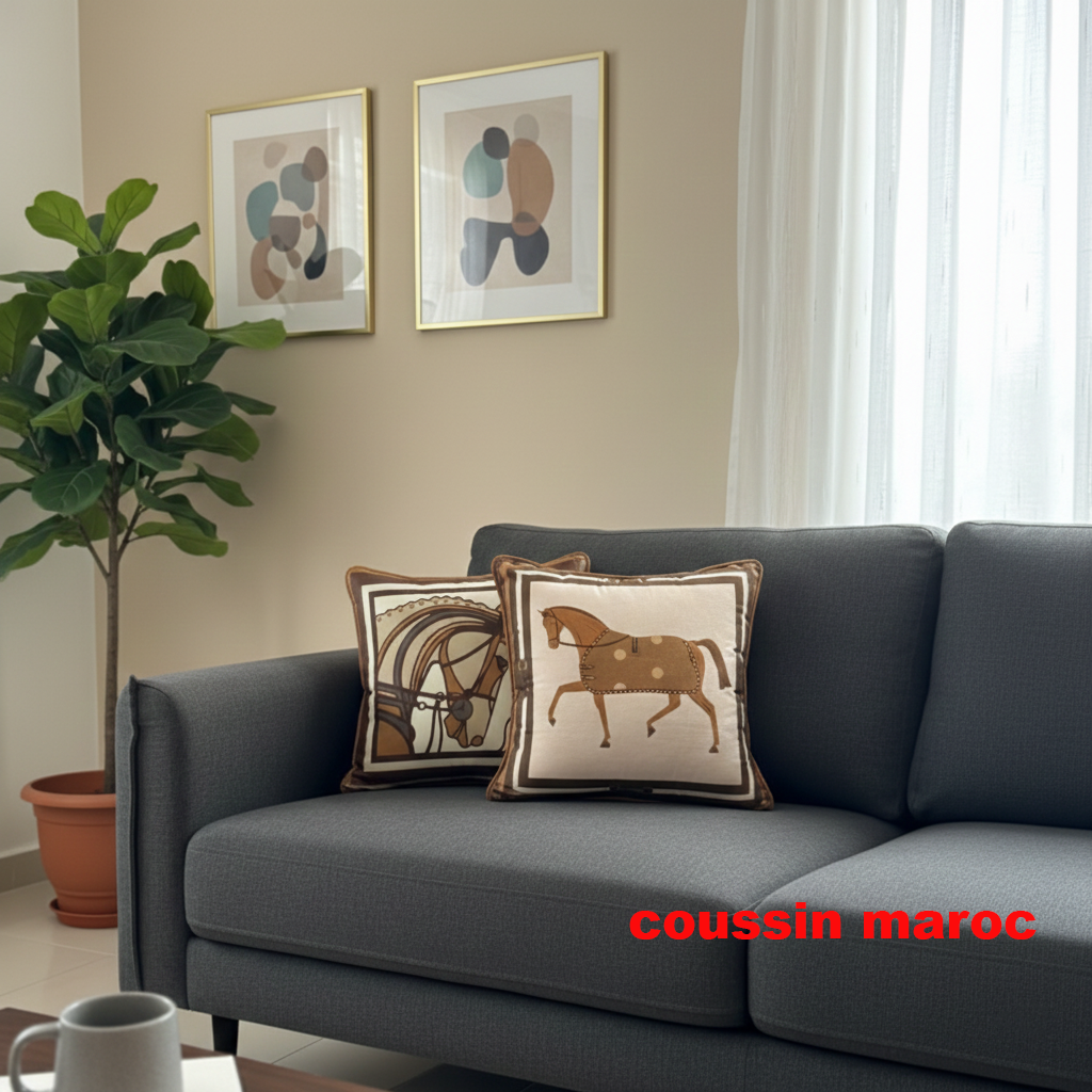 Duo de Coussins Décoratifs Équestres – Style Art & Luxe Marron