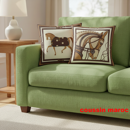 Duo de Coussins Décoratifs Équestres – Style Art & Luxe Marron