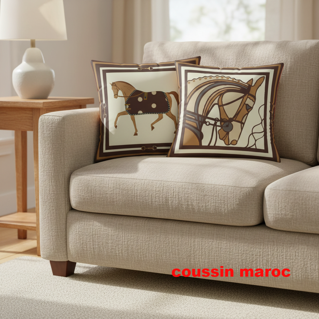 Duo de Coussins Décoratifs Équestres – Style Art & Luxe Marron