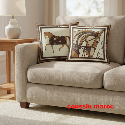 Duo de Coussins Décoratifs Équestres – Style Art & Luxe Marron