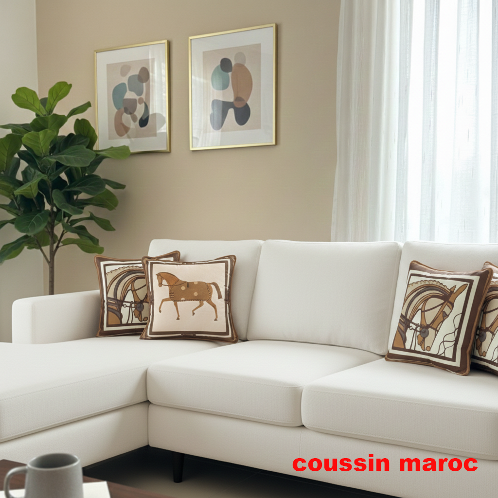 Duo de Coussins Décoratifs Équestres – Style Art & Luxe Marron