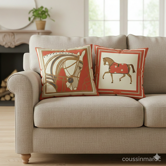 Duo de Coussins Décoratifs Équestres – Style Art & Luxe orange