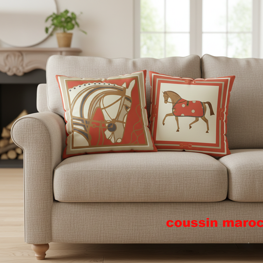 Duo de Coussins Décoratifs Équestres – Style Art & Luxe orange