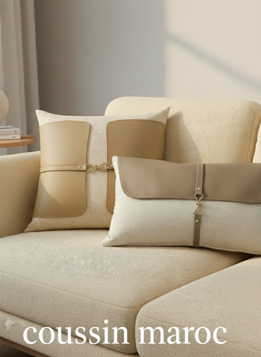 Duo de Coussins Luxe en Simili-Cuir et Tissu Bouclette – Décoration Élégante | Coussin Maroc