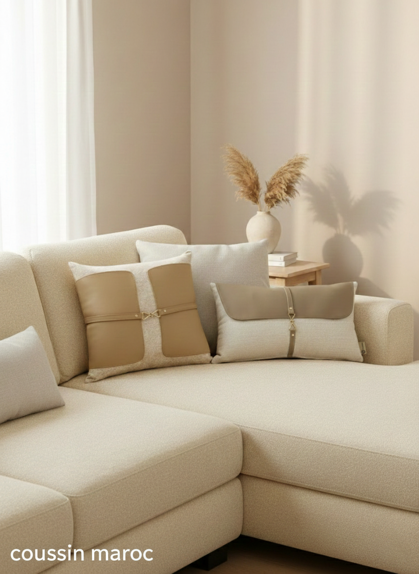 Duo de Coussins Luxe en Simili-Cuir et Tissu Bouclette – Décoration Élégante | Coussin Maroc