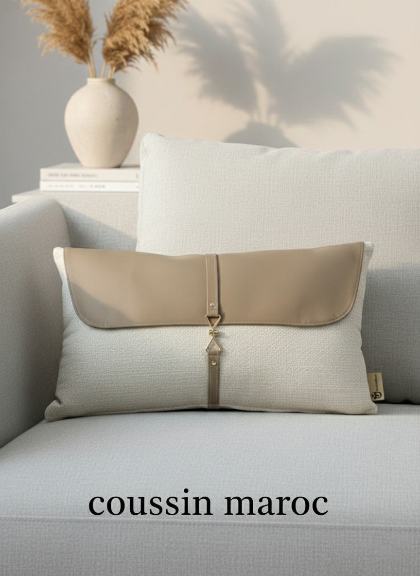 Duo de Coussins Luxe en Simili-Cuir et Tissu Bouclette – Décoration Élégante | Coussin Maroc