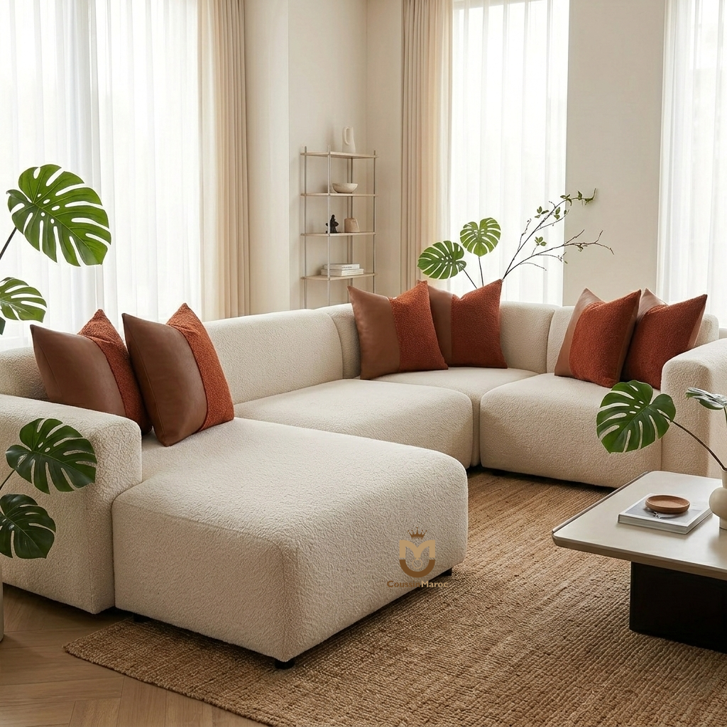 Coussin Bi-Matière "Luxe " – Similicuir Brun & Bouclette Terracotta