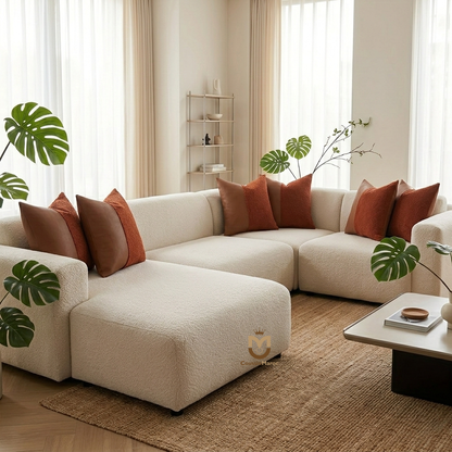 Coussin Bi-Matière "Luxe " – Similicuir Brun & Bouclette Terracotta