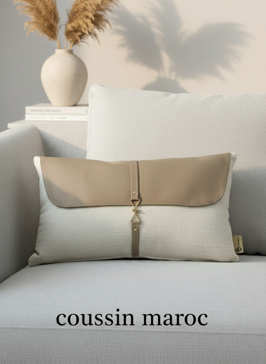 Coussin Maroc – Coussin décoratif artisanal en tissu et cuir | Décoration moderne & élégante