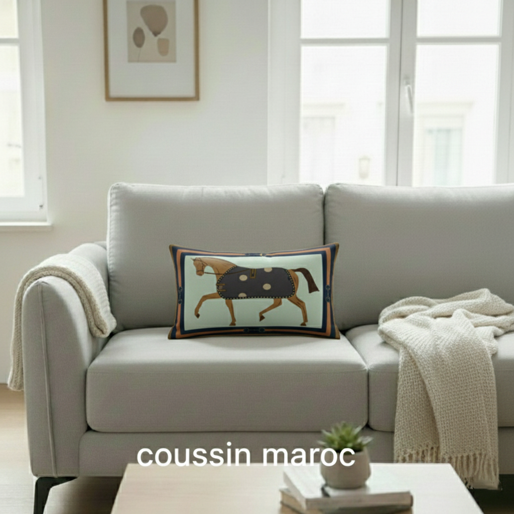 Coussin décoratif marocain – Style artisanal avec motif cheval – Rectangulaire