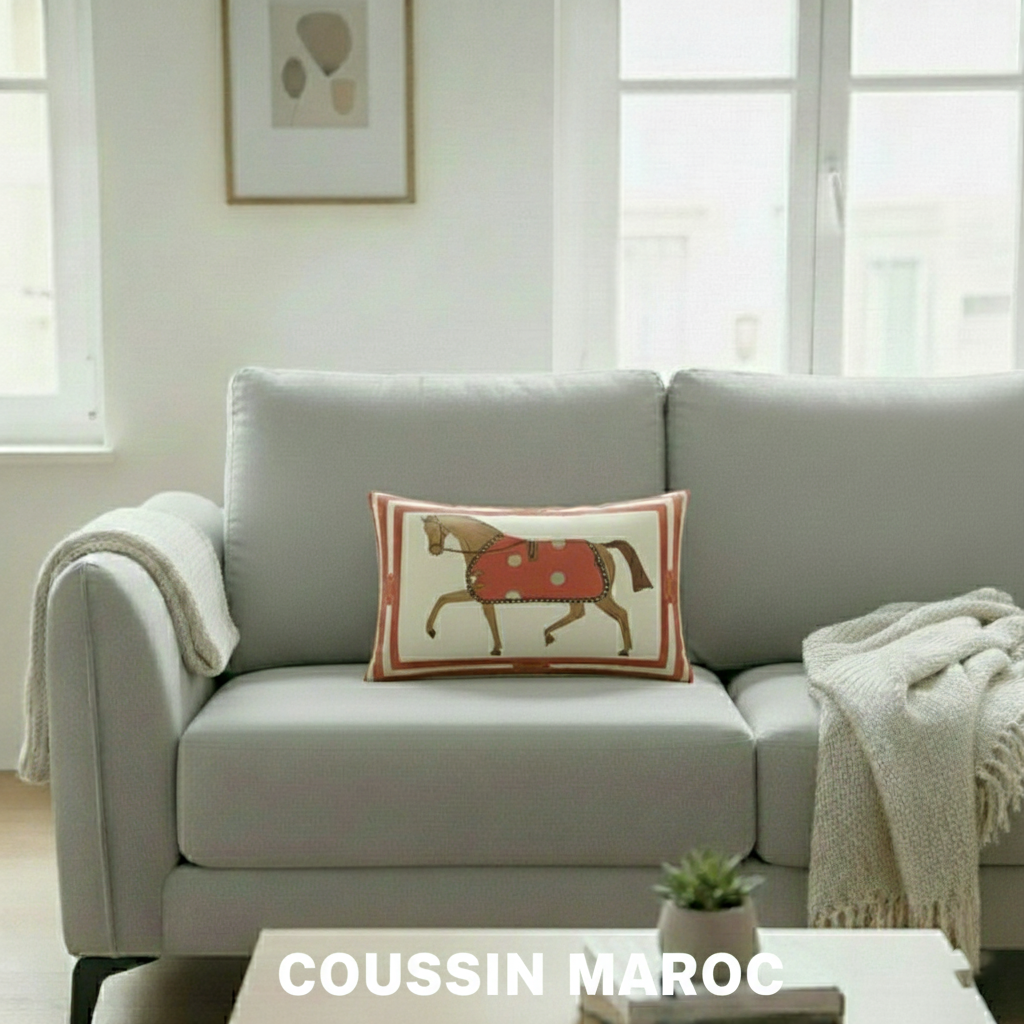 Coussin décoratif marocain – Motif cheval rouge – Style artisanal