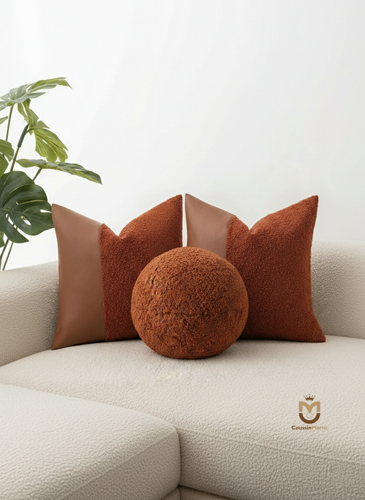 Pack Trio Déco "Contrast" – 2 Coussins Verticaux Terracotta & Cuir + 1 Coussin Boule