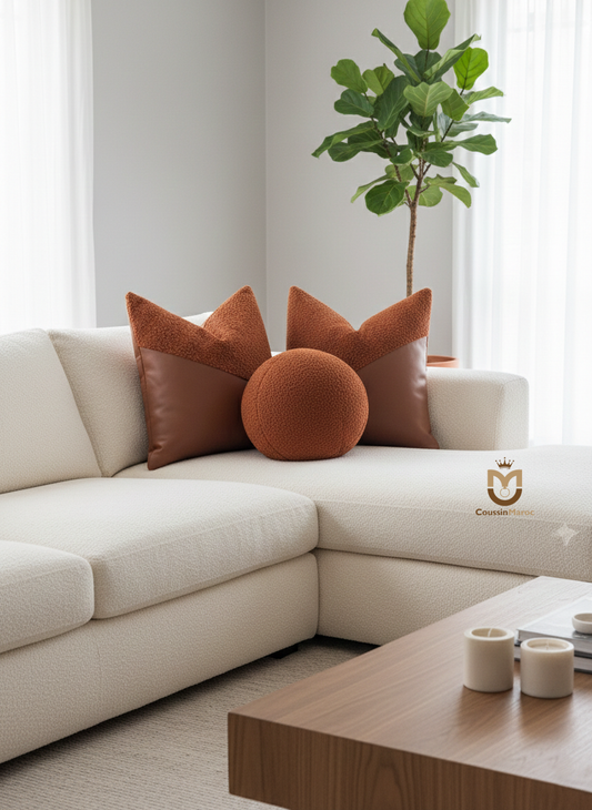 Pack Trio Déco "Sérénité" – 2 Coussins Diagonaux Crème & 1 Coussin Boule Bouclée