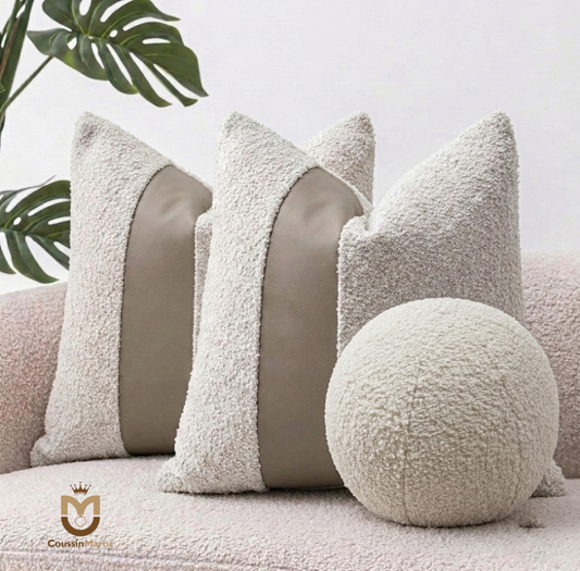 Pack Trio Prestige – Duo Bouclé & Cuir Taupe + Coussin Boule Signature