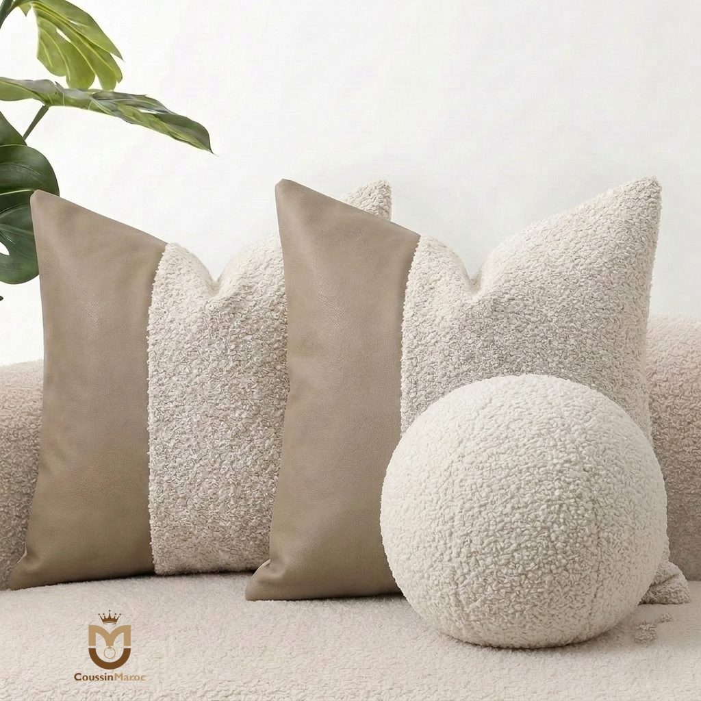 Pack Trio "Épure Géométrique" – Duo Bi-Matière Diagonale & Coussin Boule