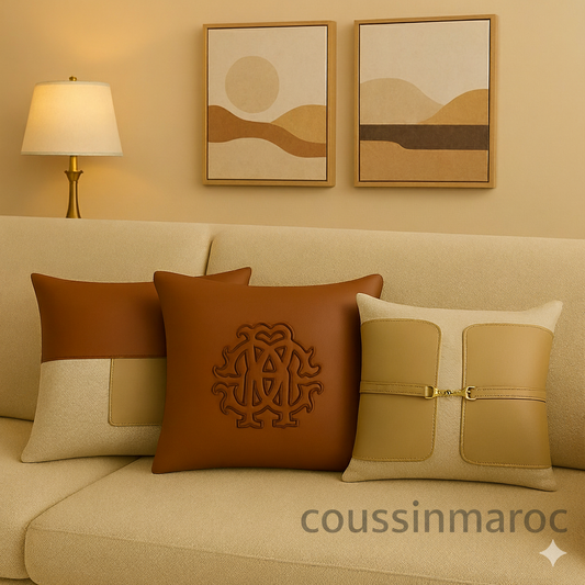 Coussins décoratifs luxe en cuir et tissu – Trio camel & beige • Design moderne haut de gamme