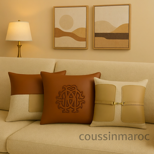 Coussins décoratifs luxe en cuir et tissu – Trio camel & beige • Design moderne haut de gamme