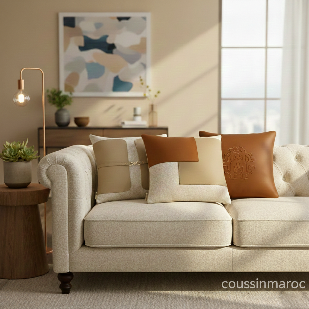Coussins décoratifs luxe en cuir et tissu – Trio camel & beige • Design moderne haut de gamme