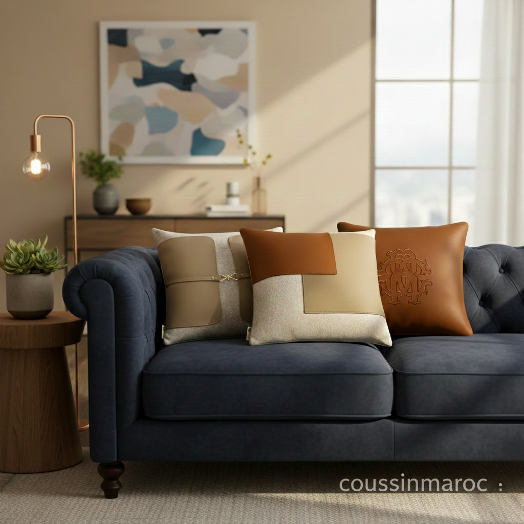 Coussins décoratifs luxe en cuir et tissu – Trio camel & beige • Design moderne haut de gamme