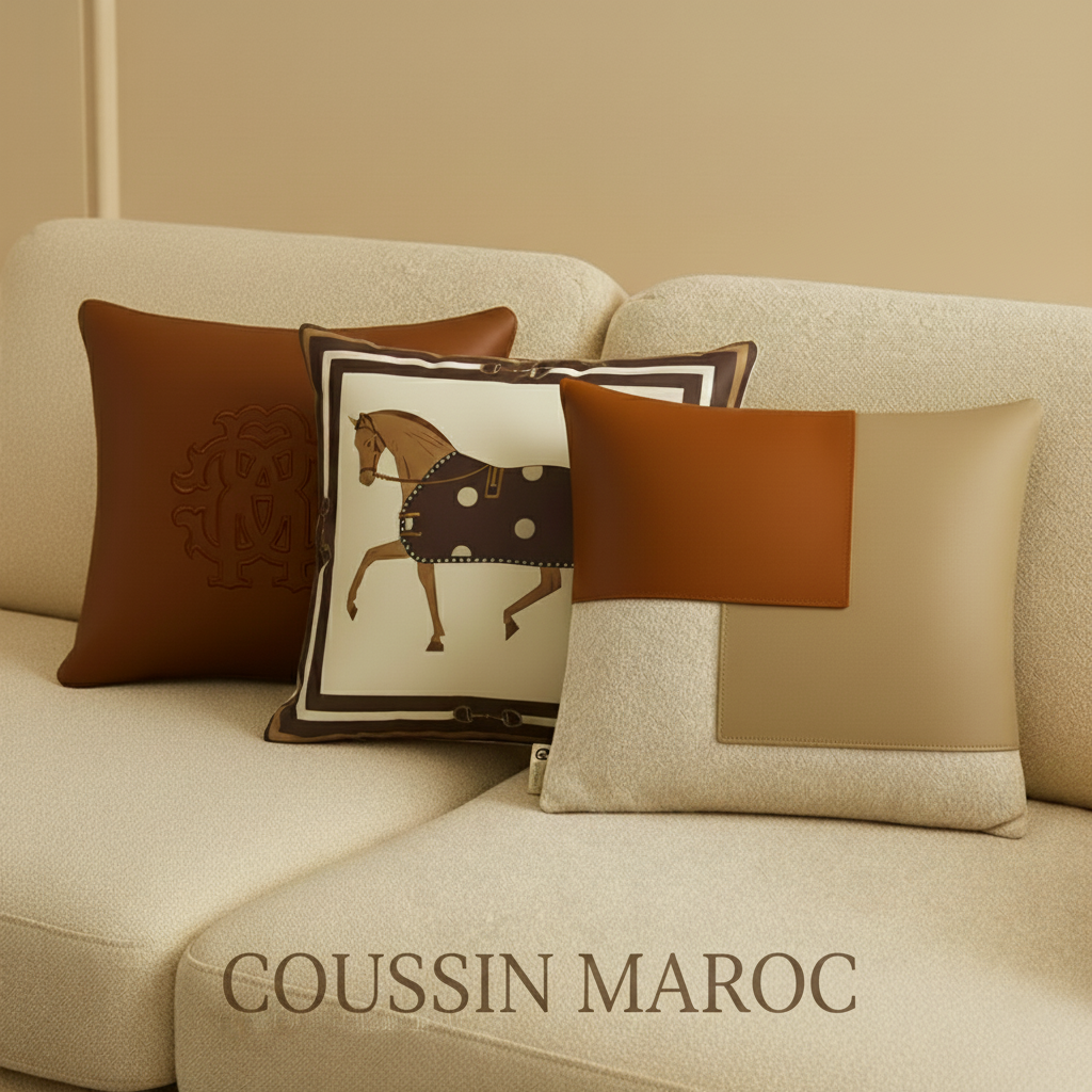 Trio de Coussins Maroc – Luxe Décoratif en Cuir & Tissu Premium