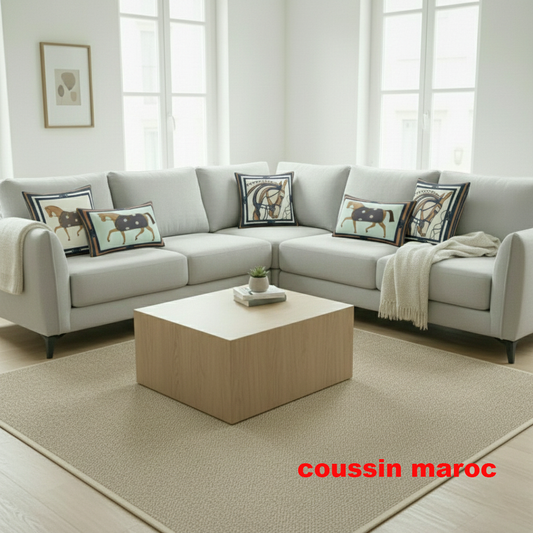 Trio de Coussins Marocains Bleu Marine – Motif Cheval Luxe, Décoration Salon Élégante